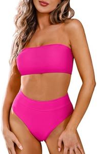 Pink Queen Women's Bandeau High Waist Bikini Set Removable Strap Swimsuit Bathing Suit Bright Pink XL