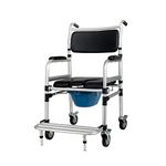 Multifunctional Portable Commode with Wheel and Foldable. Can be Used as Bedside, Shower or Transport Chair with Wheels. Water-Resistant Aluminum Height Adjustable