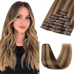 SEGOHAIR 8 PCS Hair Extensions Clip in Real Human Hair, 12 inch Thin Full Head Human Hair Extensions Straight Clip in Human Hair Extensions - Chocolate Brown with Strawberry Honev Blonde(55g)