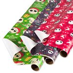 American Greetings 105 sq. ft. The Nightmare Before Christmas Christmas Wrapping Paper Bundle with Cut Lines, Jack Skellington and Zero (3 Rolls 30in. x 14 ft.)