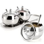 Hedume 3 Grids Stainless Steel Seasoning Containers Set with Lid Spoon and Tray, 304 Stainless Steel Condiment Jar Spice Container, Condiment Canisters Pots for Serving Sugar, Pepper, Salt, Spice