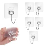 Fisynug 6Pcs Large Self Adhesive Hooks Heavy Duty 44 lb/ 20kg (Max), Removable Sticky on Wall Hooks for Hanging, Waterproof Rustproof Towel and Coats Hooks for Bathroom Kitchen Office