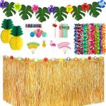 Hawaiian Tropical Party Decorations - 9 Ft Hawaiian Grass Table Skirt, Palm Leaves, Hibiscus Flowers, Fruit Straws, 3D Flamingo and Pineapple Cake Toppers for Luau Party Supplies (Gold)