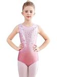 Monbessi Gymnastics Leotards for Girls Sleeveless Sparkle Leotard Dancing Ballet Round Neck Gymnastics Outfits 5-12 Years (110 (105-115cm, 5-6 years), Pink-Sleeveless)