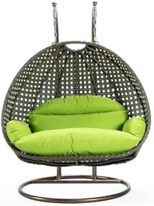LeisureMod 2 Person Wicker Egg Chair Outdoor Indoor Bedroom Patio Hanging Lounge Swing Hammock Chairs with Beige Stand and UV Resistant Cushions (Light Green)
