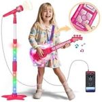 Kids Guitar and Microphone Set, Microphone with Stand and Color Light, Toy Guitar with Strap and Adjustable Volume, Toddler Musical Instrument for 3-5 5-9, Kids Karaoke Machine for Boy Girls(Pink)