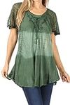 Sakkas 18712 - Parisa Casual Summer Short Sleeve Top Blouse with Corset and Embroidery - Green - OS