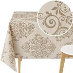 KP HOME Waterproof PVC Wipe Clean Tablecloth - Rectangle Oilcloth 78 X 55 in | 200 X 140 cm - Elegant Baroque Plastic Table Cloth - Outdoor Vinyl Table Cover Wipeable in Cream Beige