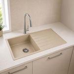 Carissa By Carysil™ GraniteLux Quartz Kitchen Sink 40 x 20 x 8 inches, Single Bowl with Drain Board, 80% Quartz & 20% Resin, Heat Resistant 300°C, 50kg Load Bearing, Stain Resistant - Off White