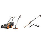 WORX WG927E Dual 20V Battery 34cm Cordless Lawn Mower & 18V (20V MAX) Cordless Grass Trimmer & WG252E 18V (20V MAX) Cordless Pole Hedge Trimmer 45cm 2.0Ah Battery