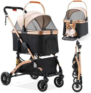 Foldable Pet Stroller - 3 in 1 Dog Cat Pushchair With Storage Basket, Net Window, Cup Holder, 360° Wear-Resistant Rubber Wheels - Travel Carrier for Small Dogs & Cats, Champagne