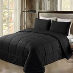 Exclusivo Mezcla Lightweight Reversible 3-Piece Comforter Set All Seasons, Down Alternative Comforter with 2 Pillow Shams, King Size, Black