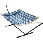 Yaheetech Hammock w/Stand Set, 2–3 People Padded Hammock & Adjustable Stand Set w/Pillow & Carry Bag, Garden Outdoor Indoor Camping Hammocks w/Universal Stand, Max.Load 216kg - Blue Stripe