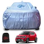 GARREGE Waterproof Maruti Ignis Car Cover Compatible with All Models with Mirror and Antenna Pocket and Soft Cotton Lining (Full Bottom Elastic Triple Stitched & Metallic Silver Blue Piping Style)