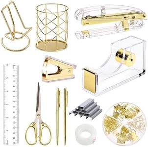 EOOUT Gold Office Supplies Set Desk Accessories, Acrylic Stapler Set Staple Remover, Phone Holder, Tape Holder, Pen Holder, 2 Ballpoint Pen, Scissor, Binder Clips, Ruler, Transparent Glue and Staples.