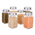 Vency Glass Square Shape Transparent Glass Jars & Containers For Kitchen Pantry,Snacks,Masala,Pickles,Dry Fruits,Coffee Beans Storage With Steel See Through Lid(Set Of 6)(1000Ml Steel Cap),Blue