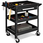 TANGZON 3-Tier Rolling Tool Cart, Utility Service Cart with Towel Rack Handle, Lockable Casters, Draw & Holes, Heavy-duty Steel Mobile Storage Trolley for Garage Warehouse Office (Black)