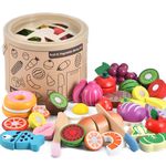 WHOHOLL Wooden Play Food for Kids Kitchen Playset, Play Kitchen Accessories Pretend Cutting Food Montessori Toys for 2+ Year Old with Basket, Toy Food Fruits Vegetables Gift for Fine Motor Skills