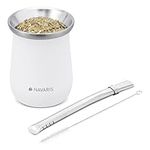 Navaris Yerba Mate Cup - 300ml Double Walled Stainless Steel Mate Tea Set with Gourd Cup Mug and Bombilla Straw and Brush for Mate Drink - White