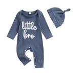 Newborn Baby Boy 2Pcs Outfit Clothes Long Sleeve Bodysuit Little Bro Letter Print Romper Waffle Knit Jumpsuit Hat Fall Winter Clothes (Navy, 0-3 Months)