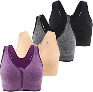 INIBUD Women's Sports Bra Post-Surgery Bra Zip Bra Zipper Front Wirefree Removable Pads Yoga Bra Zip Sports Bra, 4 Pack (Bbpg), Medium