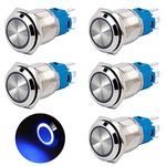 QIMEI-SHOP Push Button Switch Waterproof 16mm Momentary Switch 12V/24V 3A Brass 5 Pin with Blue Ring LED Light for Car Boat Motorcycle 5 Pcs