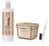 Schwarzkopf BlondMe Bond Enforcing Premium Lightener 9+ Dust Free 450 grams, Schwarzkopf BlondMe Premium Developer 9% / 30 Volume 1 Liter, M Hair Designs Tint Brush/Comb (Bundle - 3 items)