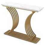 COSTWAY Console Table, Faux Marble Slim Entryway Table Sofa Side Table, Metal Frame Wooden Narrow Behind Couch Accent Table for Hallway, Foyer and Living Room, White+Gold, 100x29x80cm