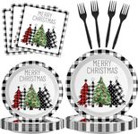 ZOIIWA 96 Pieces Buffalo Plaid Christmas Tree Tableware Set for Christmas Party Black and White Gingham Buffalo Plaid Decorations Disposable Dessert Paper Plates Napkins Forks for 24 Guests, JC0651