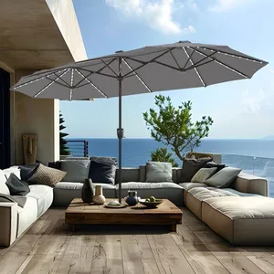 PHI VILLA 13ft Large Patio Umbrella with Solar Lights, Double-Sided Outdoor Market Rectangle Umbrella with 120 PCS LED Lights, Grey(No Base)