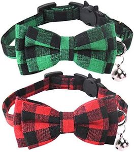 Malier 2 Pack Christmas Cat Collars Breakaway with Bow Tie and Bell, Classic Buffalo Plaid Kitten Collar with Cat Bow Tie Cat Collar for Cats Kitty Kitten Cat Stocking (Red + Green)