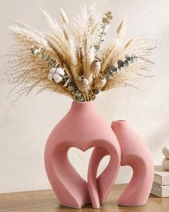 Zormon Pink Heart Shaped Ceramic Vases Set of 2, Modern Nordic Minimalist Flower Vases for Home Decor, Hollow Aesthetic Vases for Living Room, Shelf, Table, Office and Wedding Centerpieces