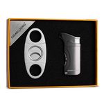 CIGARLOONG Cigar Lighter and Cutter Set,Stainless Steel Lighter and Sharp Cigar Cutter with 2 Punch Opener Gift Box,without gas(Grey)