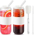 CJWLKJ 24oz Can Shaped Glass Cups with Lids and Glass Straws, 2PCS Drinking Glasses with Lids and Straws, and Silicone Sleeves, Beer Glasses, Iced Coffee Cups, Soda, Gift 2 Cleaning Brushes - White