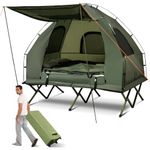 GYMAX Tent Cot, 5-in-1 Folding Camping Cot with Mattress & Pillows, Sleeping Bags, Sunshade, Camping Tent Elevated with Carrying Bag for Outdoor Hiking, Fishing, Picnic (2-Person)