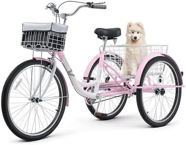 VIRIBUS Adult Tricycles for Women, Single Speed Tricycle for Adults with Front & Rear Detachable Wheeled Baskets, 3 Wheel Bikes for Adults Seniors 1 Speed, 400 lb. Capacity Three Wheeler, 26 in. Pink