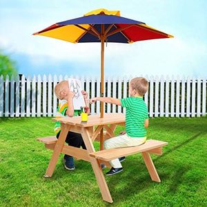 Keezi Kids Outdoor Table and Chairs Set, Wooden Picnic Bench with Colourful Umbrella Dining Tables Drawing Chair Eating Desks, Painting Activity Play Setting Home Living Room Bedroom Furniture