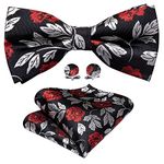 YOHOWA Mens Bow Tie Floral Black Silver Red Pre-Tied Bowties Pocket Square Cufflinks Gift Set Wedding Formal Party