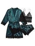WDIRARA Women' Silk Satin Pajamas Set 4pcs Lingerie Floral Lace Cami Sleepwear with Robe Green L