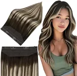 Full Shine Wire Extensions Real Human Hair 70G 14 Inch One Piece Clip In Hair Extensions With Transparent Wire Darkest Brown To Platinum Blonde Mix Brown Hair Extensions Clip Ins Hairpiece Extensions