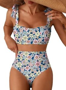 Herseas Women's Tie Shoulder Bikini Sets 2 Piece Striped Swimsuits High Waisted Bathing Suits