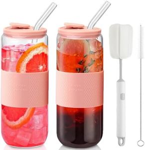 CJWLKJ 24oz Can Shaped Glass Cups with Lids and Glass Straws, 2PCS Drinking Glasses with Lids and Straws, and Silicone Sleeves, Beer Glasses, Iced Coffee Cups, Soda, Gift 2 Cleaning Brushes - Pink