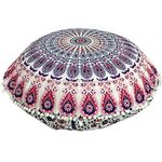 Stylo Culture Indian Round Floor Pillow Lounger Scatter Cushion Cover Pink Purple 80x80 cm Meditation Mandala Pom Pom Lace Boho Big Pillows 32 Inch Decorative Cotton Sitting Furniture Large Cover