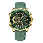 NAVIFORCE Men's Military Digital Watches Analog Quartz Waterproof Watch Sport Multifunctional Leather Wristwatch, Gold+Green, fashion