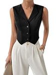 Verdusa Women's Button Front Lapel Collar Sleeveless Crop Vest Waistcoat Jacket, Black, Small