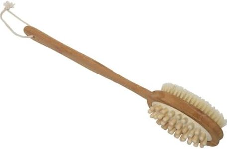 Natural Bamboo Body Brush with Long Handle - Dual-Sided Back Scrubber for Exfoliation, Massage and Circulation Boost - Bristles, Massage Nodes, Hanging Rope