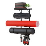 Yoga Mat Holder Wall Mount, Yoga Accessory Mat Storage Rack, Home Gym Accessories Organizer, Floating Shelf and Hooks for Hanging Foam Roller/Band/Workout Equipment at Pilates Fitness Class