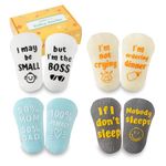 INNObeta Baby Socks Set with Funny Quotes (4 Pairs) Newborn/Infant Socks for Baby Shower, Gender Reveal, Christmas, New Parents – Anti Slip, Gift Box Included, 3-12 Months, Gender Neutral