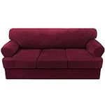 H.VERSAILTEX Sofa Cover 4 Piece T Cushion Sofa Slipcovers Thick Velvet Couch Cover Furniture Protector Stretch T Cushion Sofa Covers for 3 Cushion Couch with 3 Individual T Cushion Covers, Burgundy