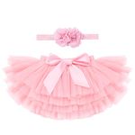 IBTOM CASTLE Baby Girls Elastic Waistband Tutu Skirt with Diaper Cover Tulle Tutu Dress and Headband Set for Newborn,Toddler Pink 0-6 Months